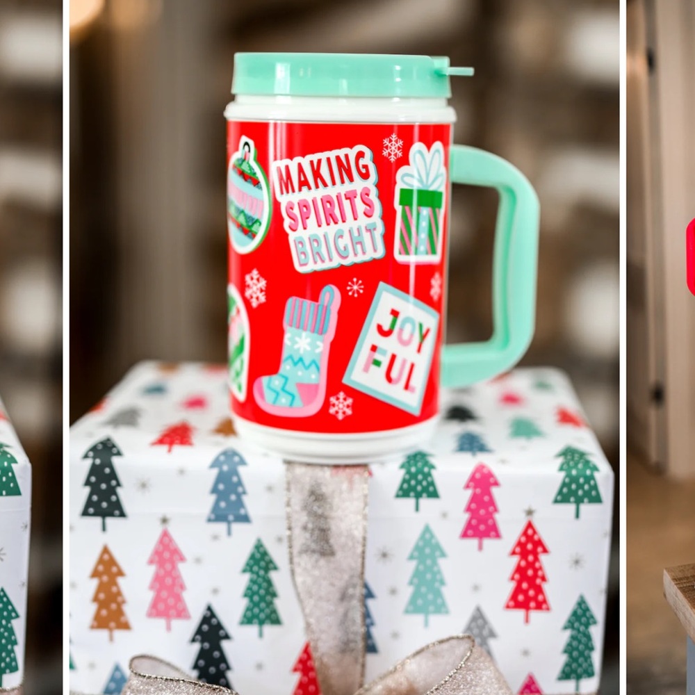 Retro Thermo Jug Red Holiday Sticker Cup NEW Jadelynn Brooke Christmas Gift